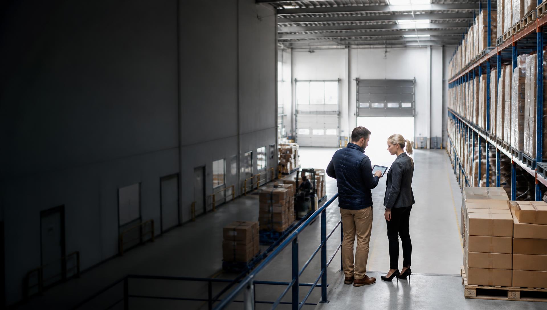 Operations team reviewing inventory in a modern fulfillment facility